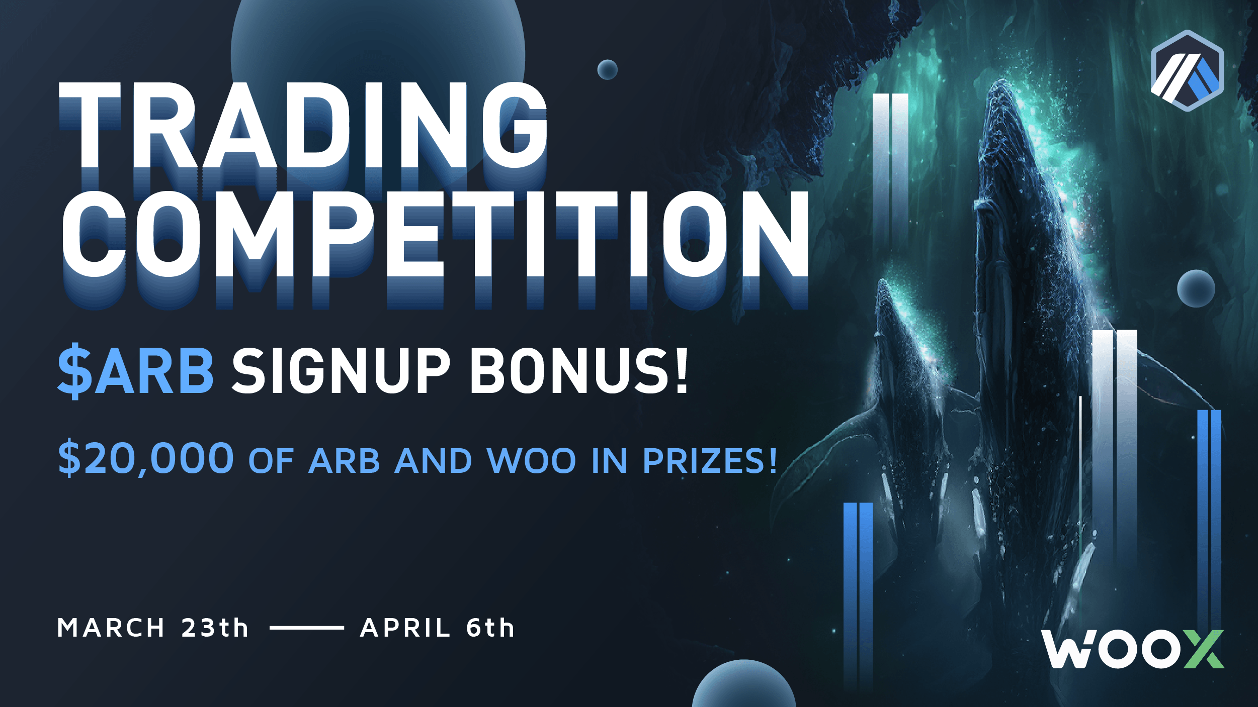 $ARB Trading Competition and signup bonus: Sign up and trade on WOO X to share a prize pool of $20,000 in $ARB and $WOO!